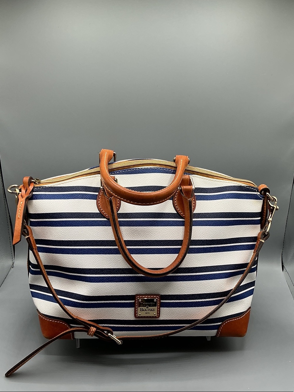 Dooney & Bourke Sullivan satchel, nautical blue & white striped w/ leather trim